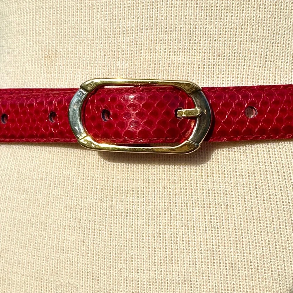 Milor Vtg Red Genuine Snakeskin Skinny Belt 2 tone Gold/Silver Buckle Size Small